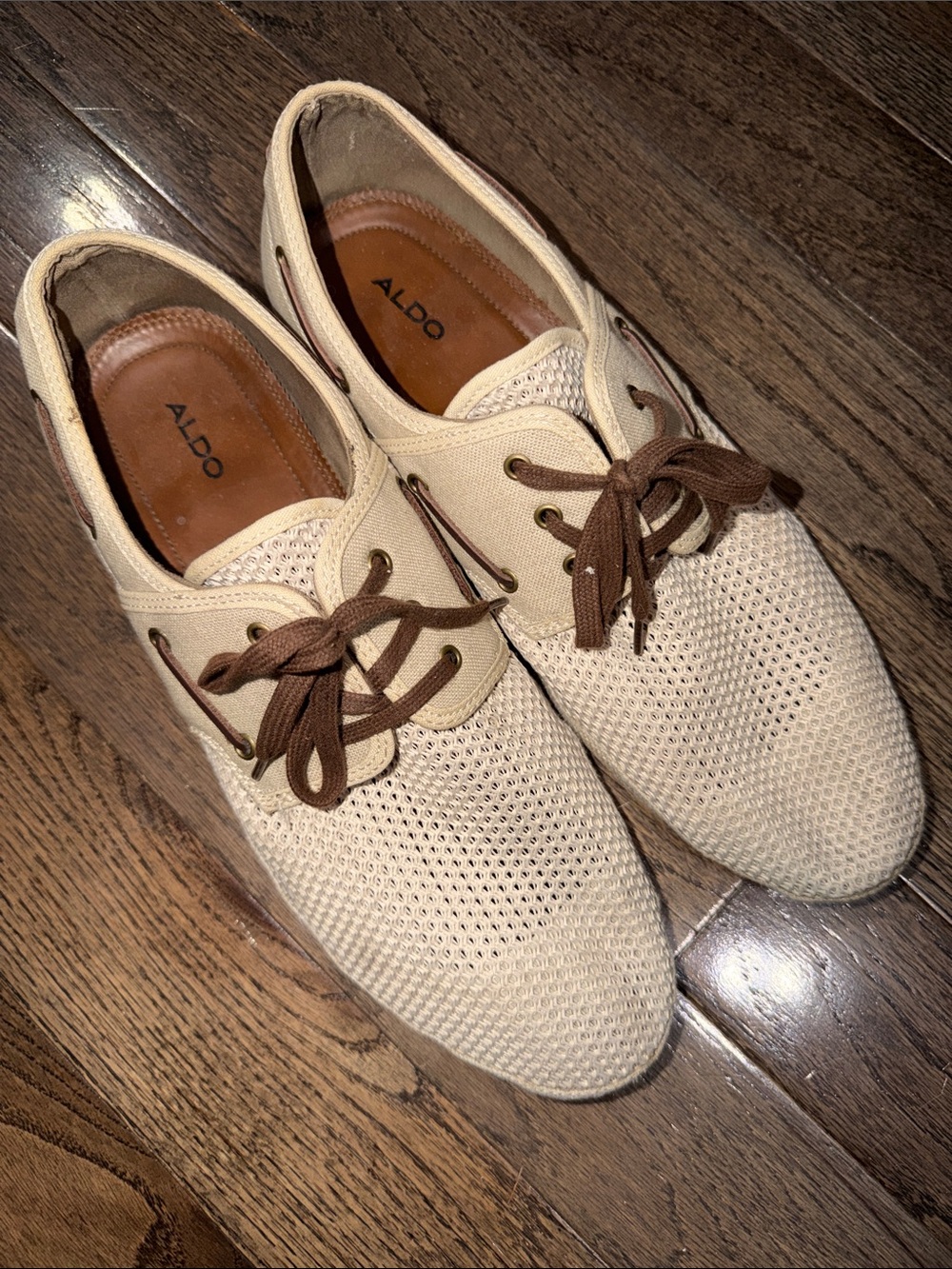 ALDO Men’s Beige Mesh Canvas Boat Shoes Brown Lace Coastal men’s 13